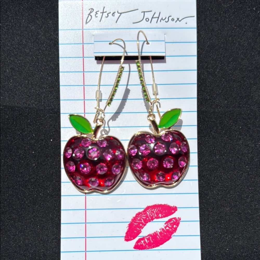 NWT! Betsey Johnson Pink Crystal Apple Rhinestone Dangle Earrings